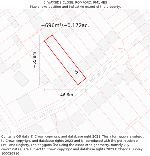 5, WAYSIDE CLOSE, ROMFORD, RM1 4ES: Plot and title map