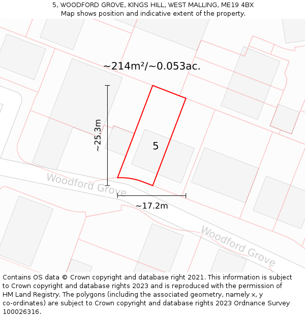 5, WOODFORD GROVE, KINGS HILL, WEST MALLING, ME19 4BX: Plot and title map