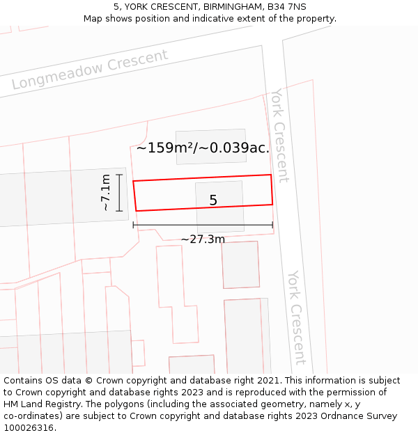 5, YORK CRESCENT, BIRMINGHAM, B34 7NS: Plot and title map