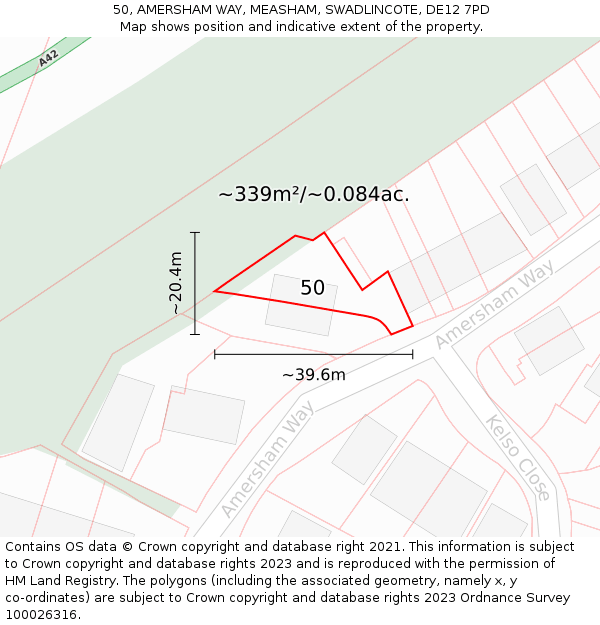 50, AMERSHAM WAY, MEASHAM, SWADLINCOTE, DE12 7PD: Plot and title map