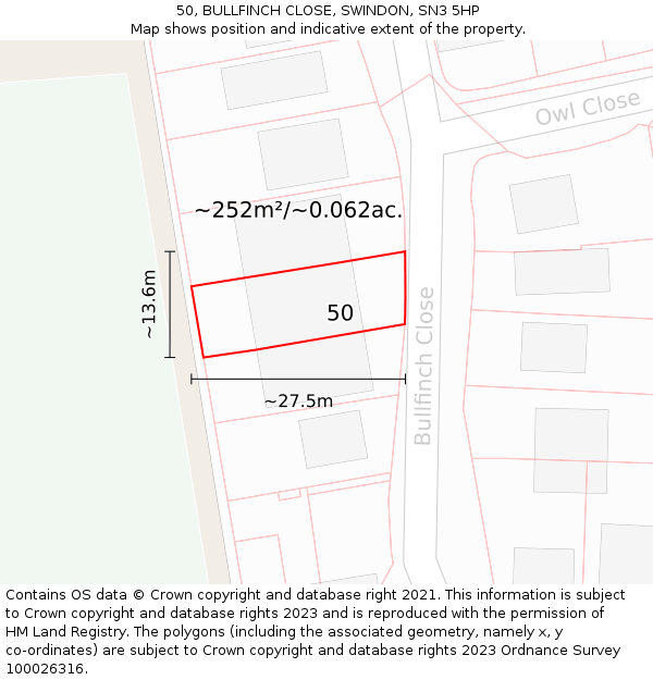 50, BULLFINCH CLOSE, SWINDON, SN3 5HP: Plot and title map