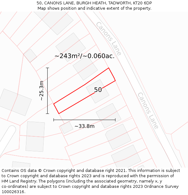 50, CANONS LANE, BURGH HEATH, TADWORTH, KT20 6DP: Plot and title map