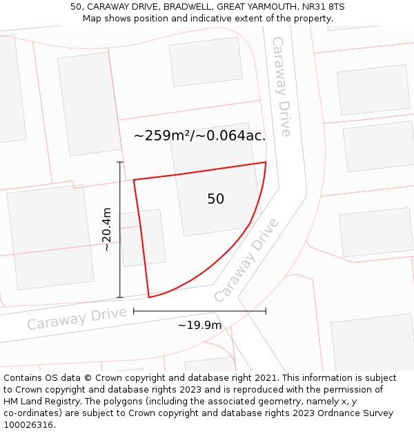 50, CARAWAY DRIVE, BRADWELL, GREAT YARMOUTH, NR31 8TS: Plot and title map