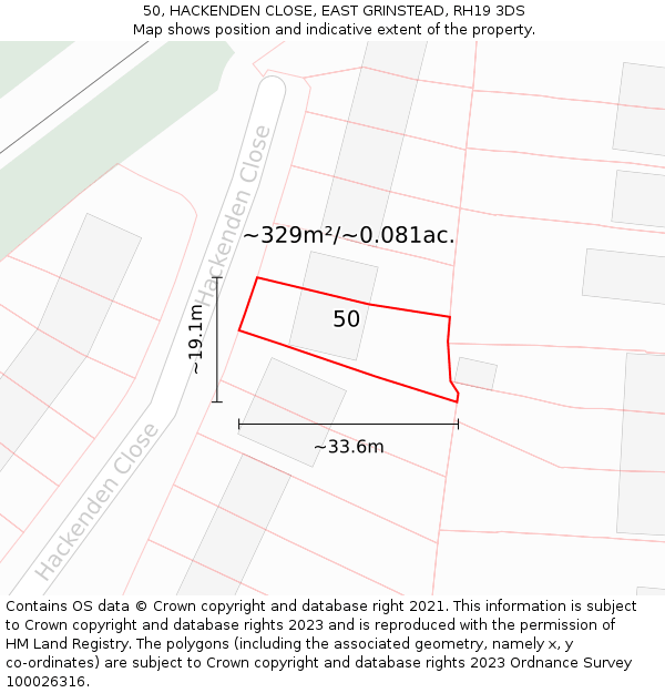 50, HACKENDEN CLOSE, EAST GRINSTEAD, RH19 3DS: Plot and title map