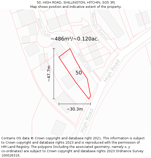 50, HIGH ROAD, SHILLINGTON, HITCHIN, SG5 3PJ: Plot and title map