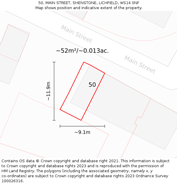 50, MAIN STREET, SHENSTONE, LICHFIELD, WS14 0NF: Plot and title map