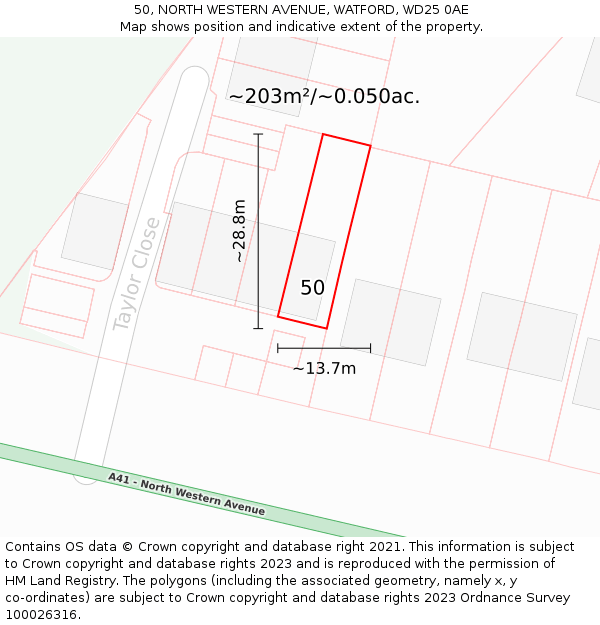 50, NORTH WESTERN AVENUE, WATFORD, WD25 0AE: Plot and title map