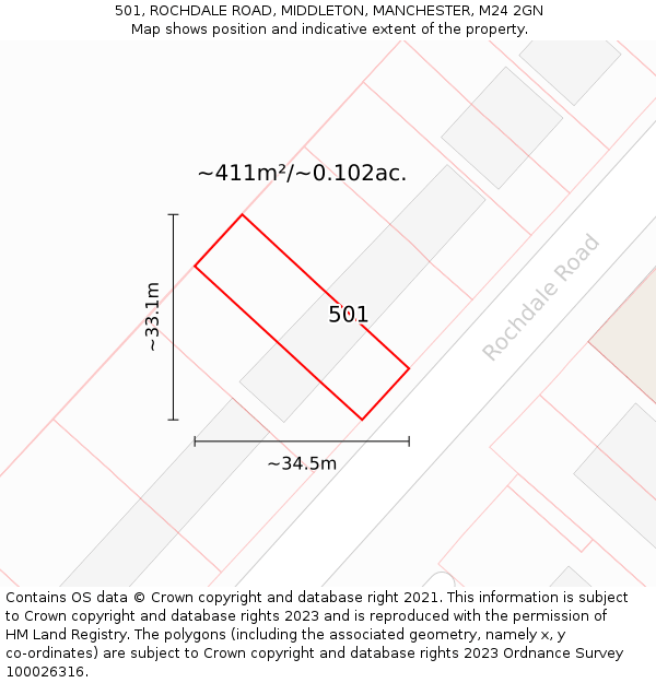 501, ROCHDALE ROAD, MIDDLETON, MANCHESTER, M24 2GN: Plot and title map