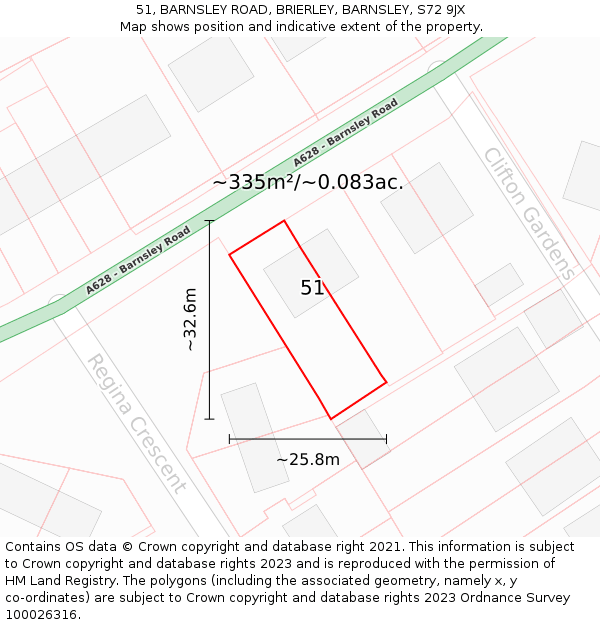 51, BARNSLEY ROAD, BRIERLEY, BARNSLEY, S72 9JX: Plot and title map