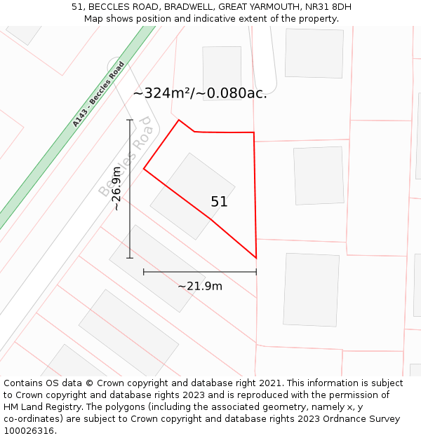 51, BECCLES ROAD, BRADWELL, GREAT YARMOUTH, NR31 8DH: Plot and title map