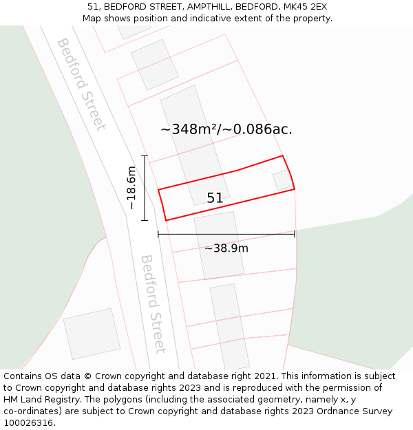 51, BEDFORD STREET, AMPTHILL, BEDFORD, MK45 2EX: Plot and title map
