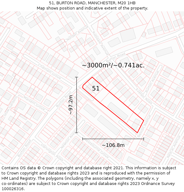 51, BURTON ROAD, MANCHESTER, M20 1HB: Plot and title map