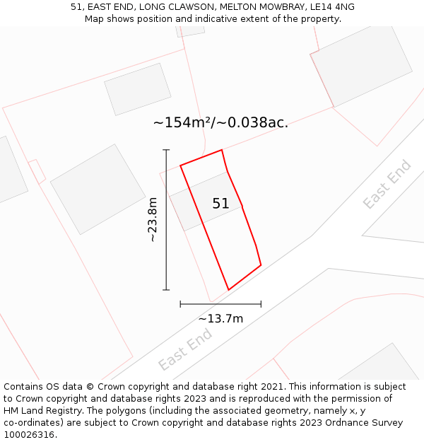 51, EAST END, LONG CLAWSON, MELTON MOWBRAY, LE14 4NG: Plot and title map