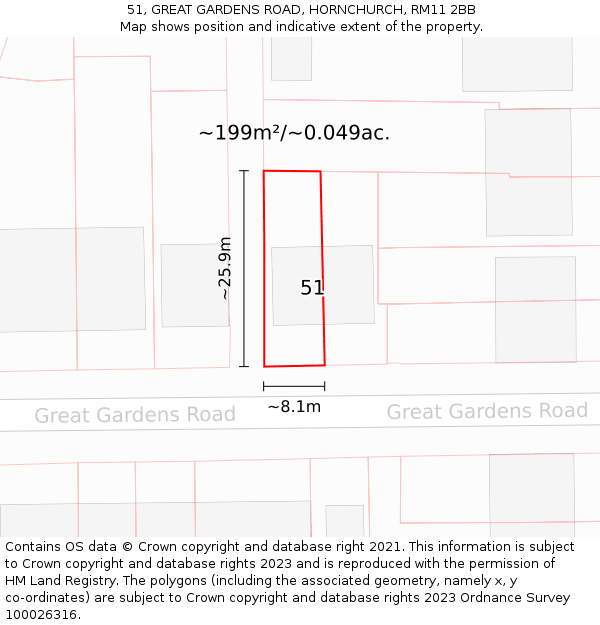 51, GREAT GARDENS ROAD, HORNCHURCH, RM11 2BB: Plot and title map
