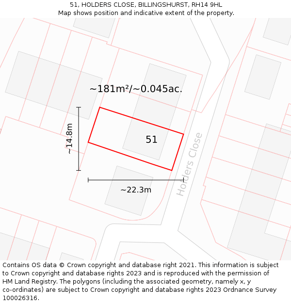 51, HOLDERS CLOSE, BILLINGSHURST, RH14 9HL: Plot and title map