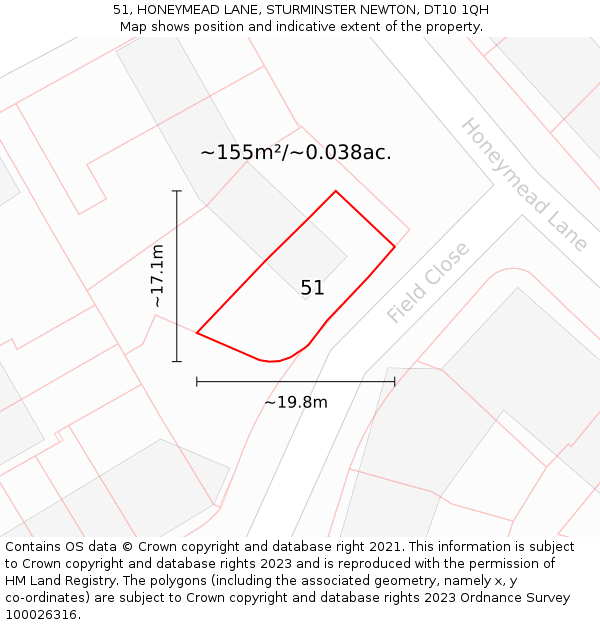 51, HONEYMEAD LANE, STURMINSTER NEWTON, DT10 1QH: Plot and title map