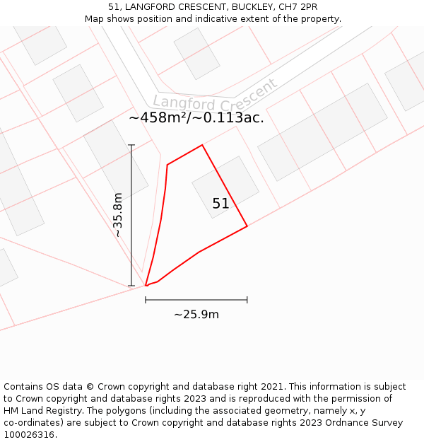 51, LANGFORD CRESCENT, BUCKLEY, CH7 2PR: Plot and title map