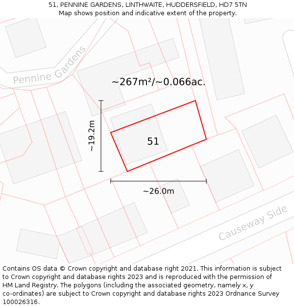 51, PENNINE GARDENS, LINTHWAITE, HUDDERSFIELD, HD7 5TN: Plot and title map