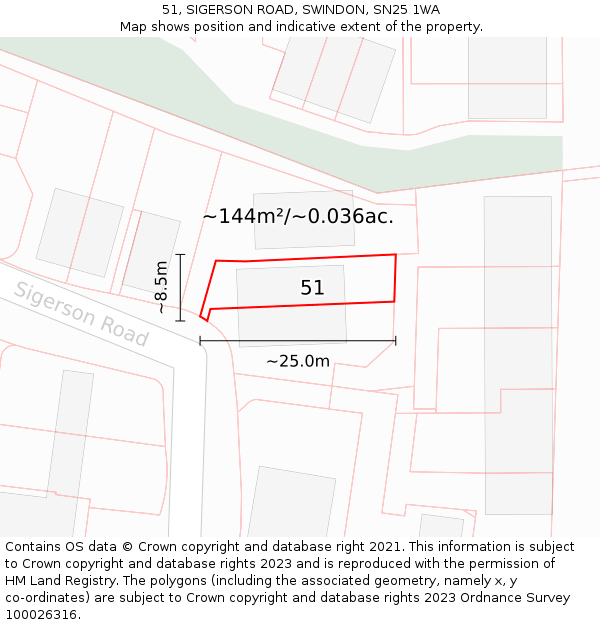 51, SIGERSON ROAD, SWINDON, SN25 1WA: Plot and title map