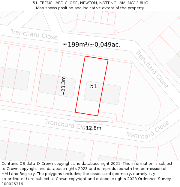 51, TRENCHARD CLOSE, NEWTON, NOTTINGHAM, NG13 8HG: Plot and title map