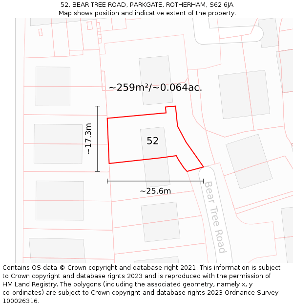 52, BEAR TREE ROAD, PARKGATE, ROTHERHAM, S62 6JA: Plot and title map