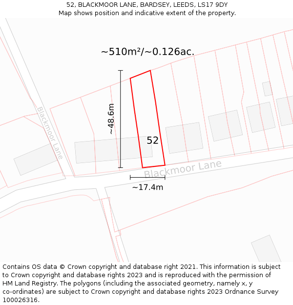 52, BLACKMOOR LANE, BARDSEY, LEEDS, LS17 9DY: Plot and title map