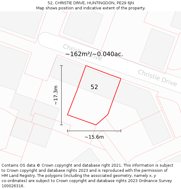 52, CHRISTIE DRIVE, HUNTINGDON, PE29 6JN: Plot and title map