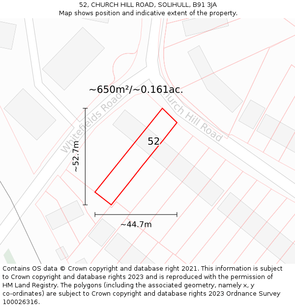 52, CHURCH HILL ROAD, SOLIHULL, B91 3JA: Plot and title map