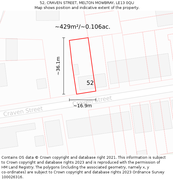 52, CRAVEN STREET, MELTON MOWBRAY, LE13 0QU: Plot and title map