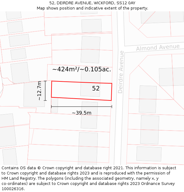 52, DEIRDRE AVENUE, WICKFORD, SS12 0AY: Plot and title map