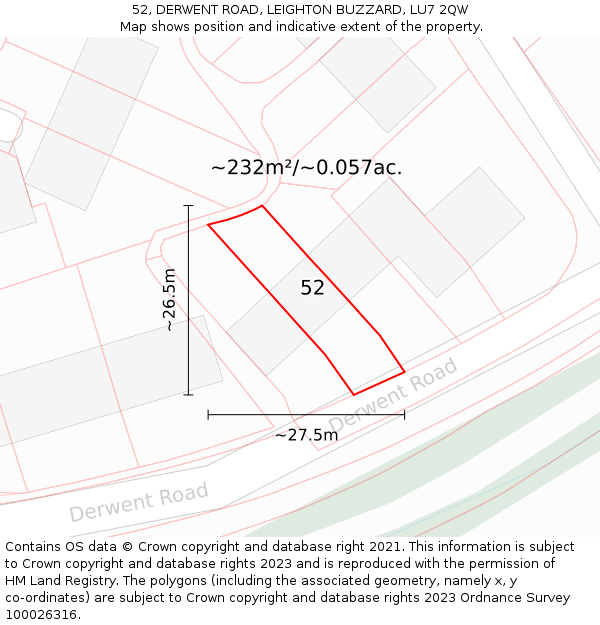 52, DERWENT ROAD, LEIGHTON BUZZARD, LU7 2QW: Plot and title map