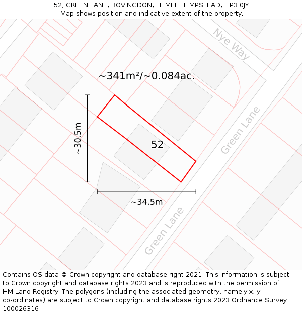 52, GREEN LANE, BOVINGDON, HEMEL HEMPSTEAD, HP3 0JY: Plot and title map