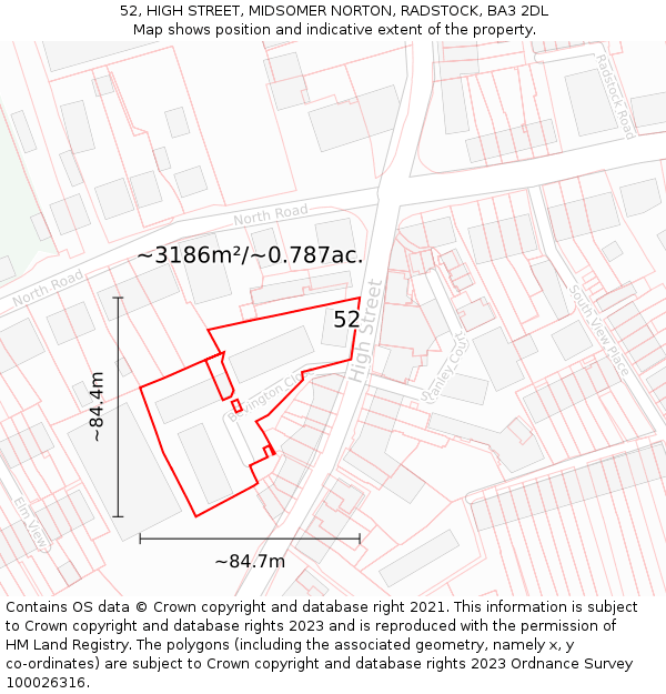 52, HIGH STREET, MIDSOMER NORTON, RADSTOCK, BA3 2DL: Plot and title map