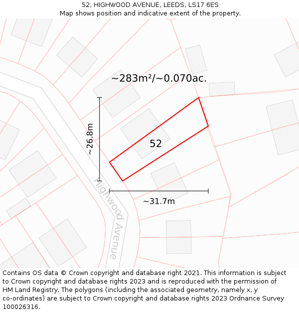 52, HIGHWOOD AVENUE, LEEDS, LS17 6ES: Plot and title map