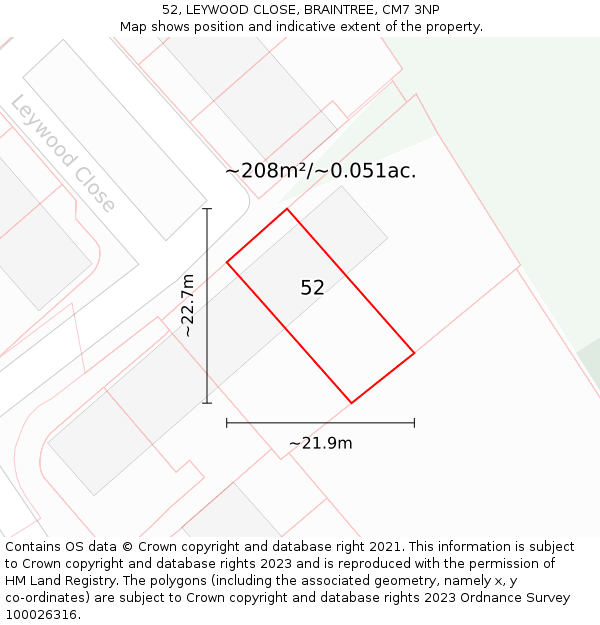 52, LEYWOOD CLOSE, BRAINTREE, CM7 3NP: Plot and title map