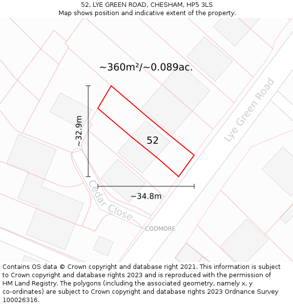 52, LYE GREEN ROAD, CHESHAM, HP5 3LS: Plot and title map