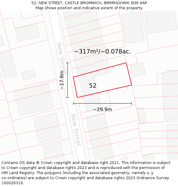 52, NEW STREET, CASTLE BROMWICH, BIRMINGHAM, B36 9AP: Plot and title map