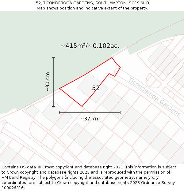 52, TICONDEROGA GARDENS, SOUTHAMPTON, SO19 9HB: Plot and title map