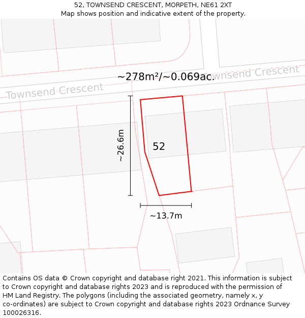 52, TOWNSEND CRESCENT, MORPETH, NE61 2XT: Plot and title map