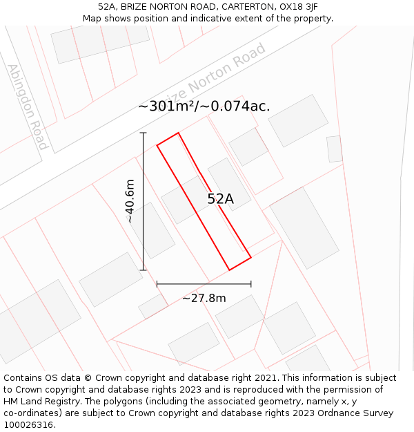 52A, BRIZE NORTON ROAD, CARTERTON, OX18 3JF: Plot and title map