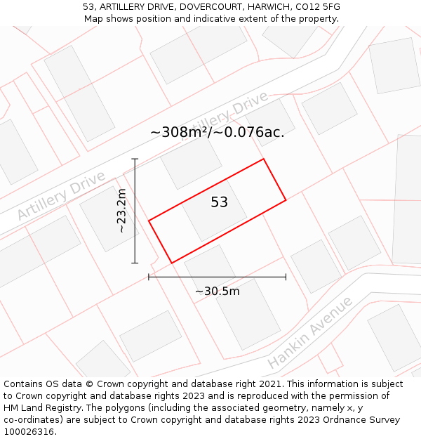 53, ARTILLERY DRIVE, DOVERCOURT, HARWICH, CO12 5FG: Plot and title map