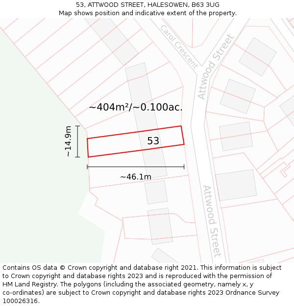 53, ATTWOOD STREET, HALESOWEN, B63 3UG: Plot and title map