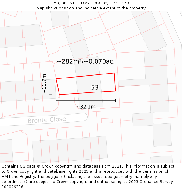 53, BRONTE CLOSE, RUGBY, CV21 3PD: Plot and title map