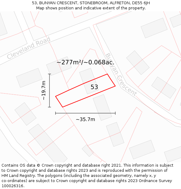 53, BUNYAN CRESCENT, STONEBROOM, ALFRETON, DE55 6JH: Plot and title map