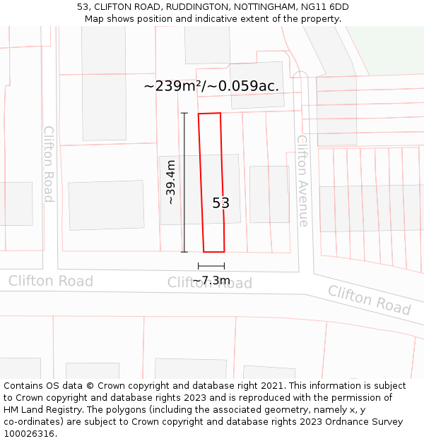 53, CLIFTON ROAD, RUDDINGTON, NOTTINGHAM, NG11 6DD: Plot and title map