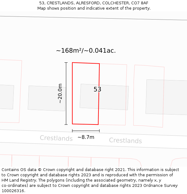 53, CRESTLANDS, ALRESFORD, COLCHESTER, CO7 8AF: Plot and title map