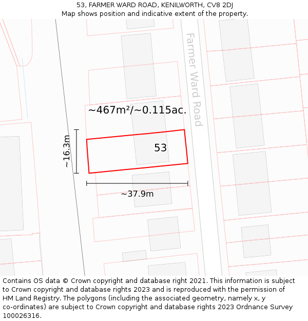 53, FARMER WARD ROAD, KENILWORTH, CV8 2DJ: Plot and title map