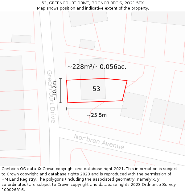 53, GREENCOURT DRIVE, BOGNOR REGIS, PO21 5EX: Plot and title map