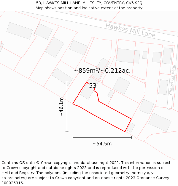 53, HAWKES MILL LANE, ALLESLEY, COVENTRY, CV5 9FQ: Plot and title map