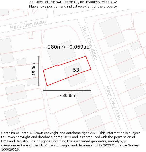 53, HEOL CLWYDDAU, BEDDAU, PONTYPRIDD, CF38 2LW: Plot and title map